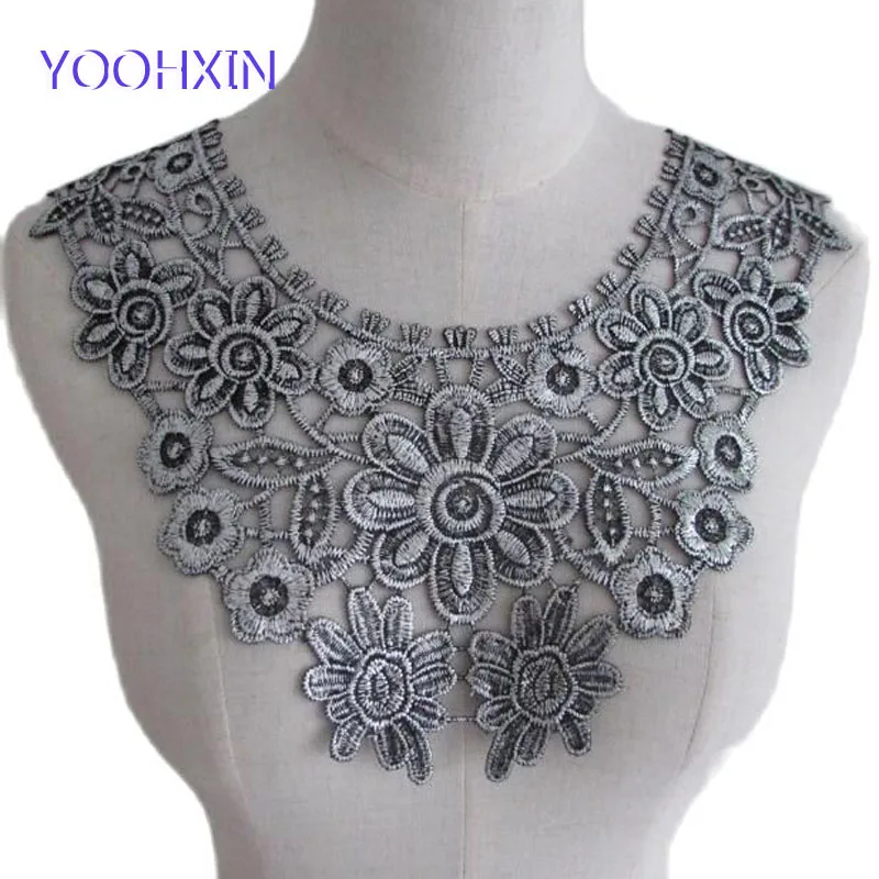 Горячая Серебряная хлопок с цветочной вышивкой кружевной воротник тканевый
