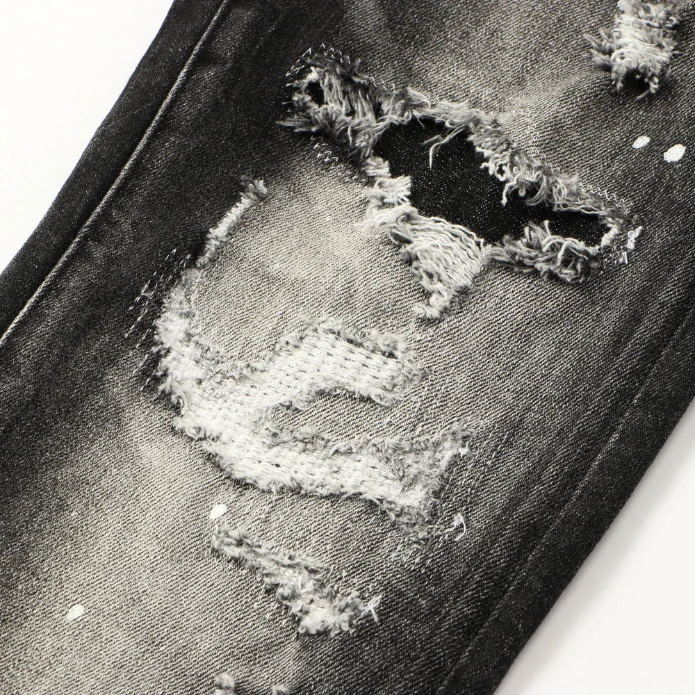 European American Street Fashion Men Jeans Retro Black Gray Destroyed Slim Ripped Jeans Men Designer Hip Hop Denim Punk Pants