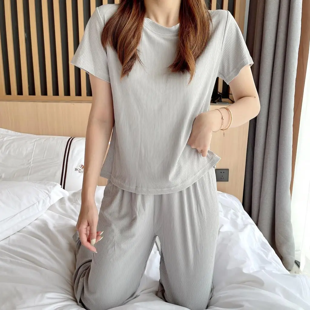 

Short Sleeve Pajama Set for Women Summer Pull Frame Thread Solid Color Sleepwear Sets Cozy Stretch Thin Multicolor Home Clothes