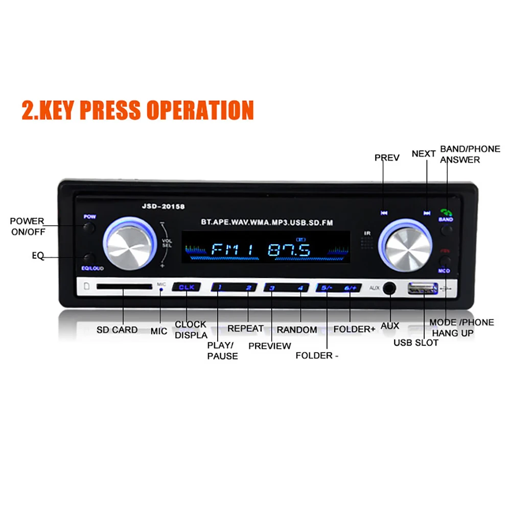 JSD 20158 аудио автомобиля SD USB MP3 MMC WMA авто стерео 1 Din автомобильное радио 12v Bluetooth V2.0 Aux