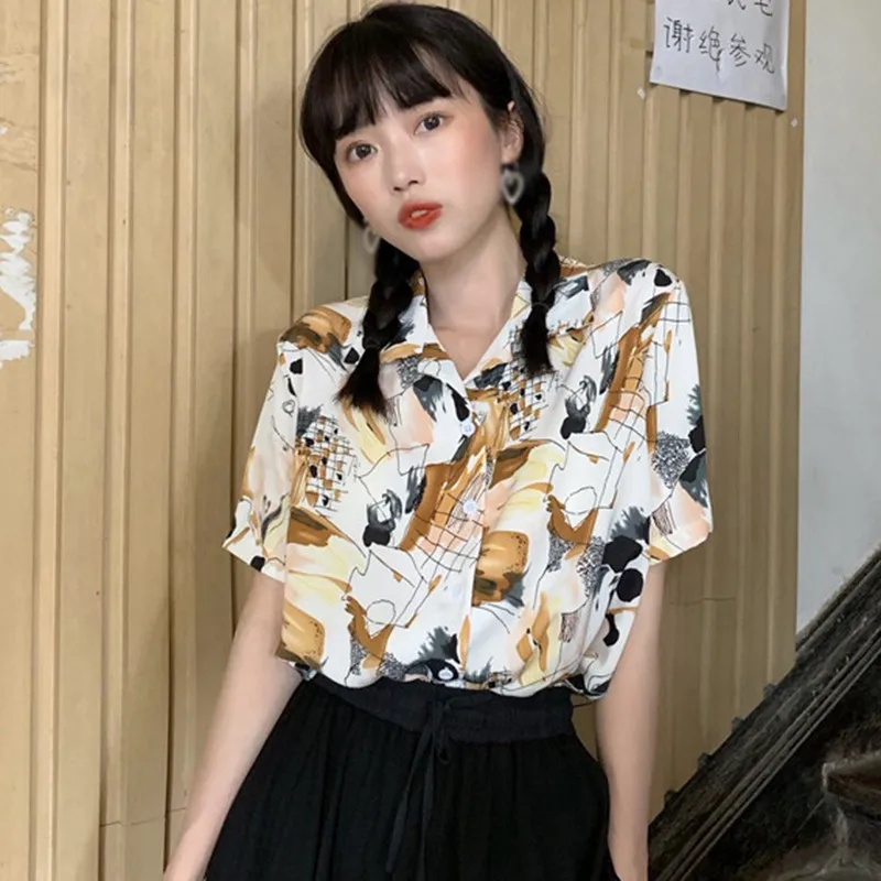 

Beach Style Print Chiffon Blouse Women Single Breasted Short Sleeve Female Shirts Loose Casual Ladies Tops