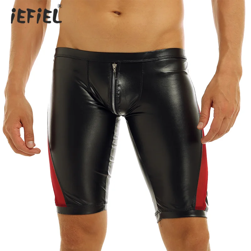 

Black Mens Soft Faux Leather Hot Shorts Exotic Pants Clubwear Zipper Crotch Mesh Splice Low Rise Slim Fit Tight Boxer Shorts
