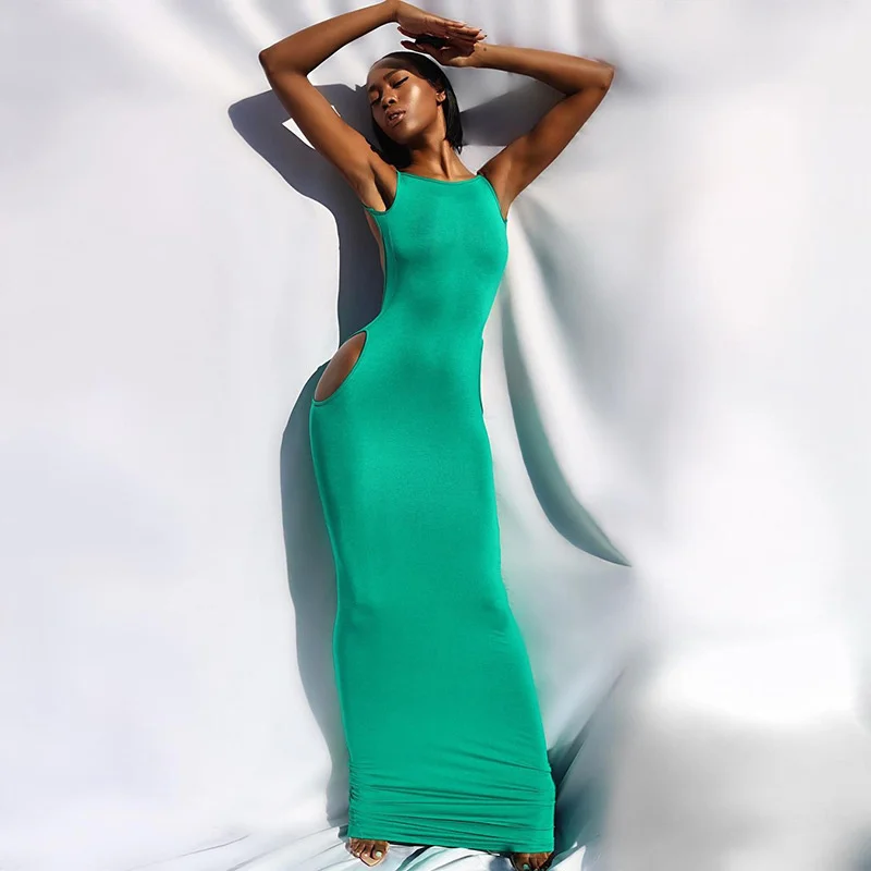 

NSHYPOI однотонный модный сексуальный тонкий с открытой спиной полый без рукавов Слинг длинная юбка уличный Комплект Клубная одежда