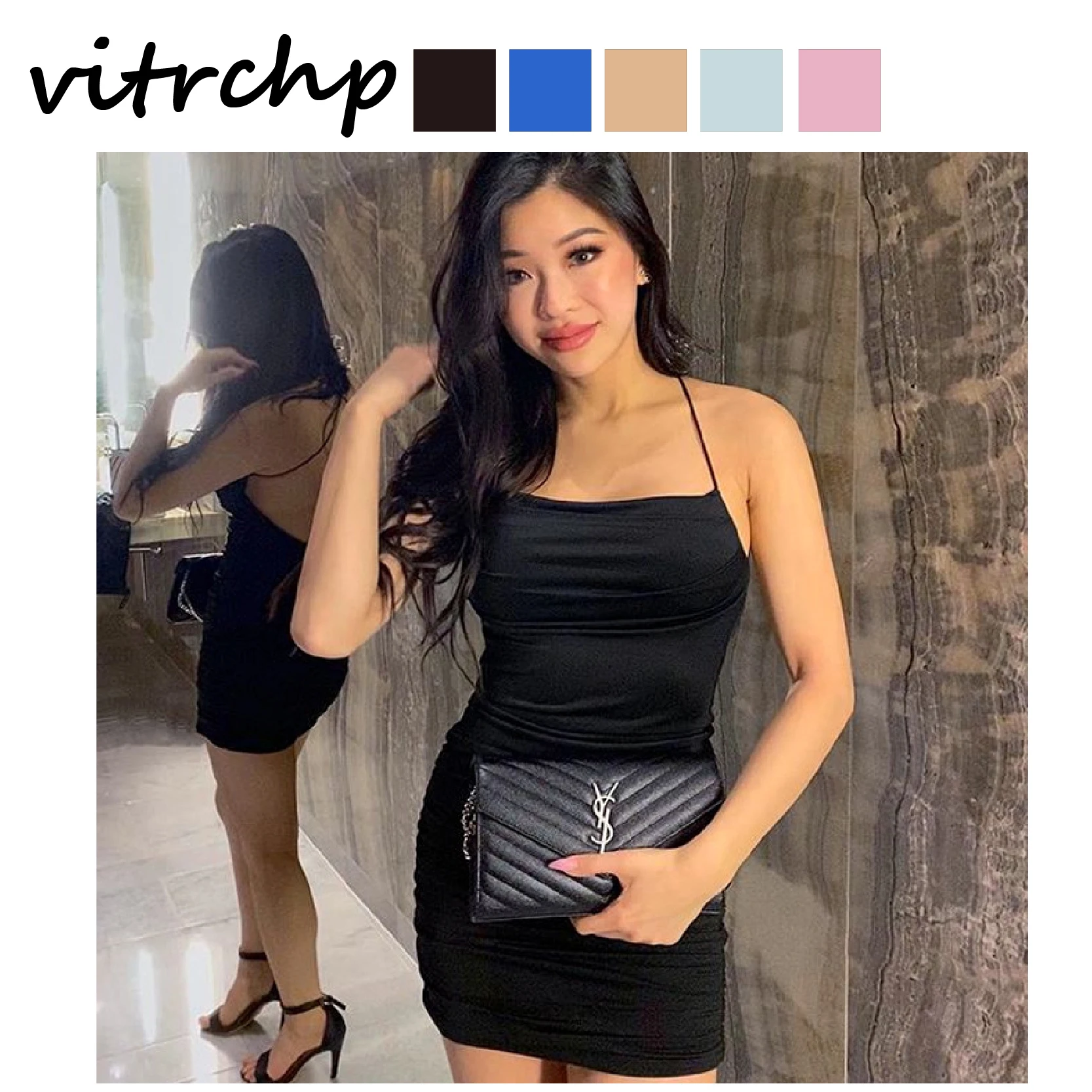 

VITRCHP 2021 Women's Dress New Spaghetti Strap Mini Satin Sexy Backless Cross Bandage Bodycon Party Pleated Stretch Short Club
