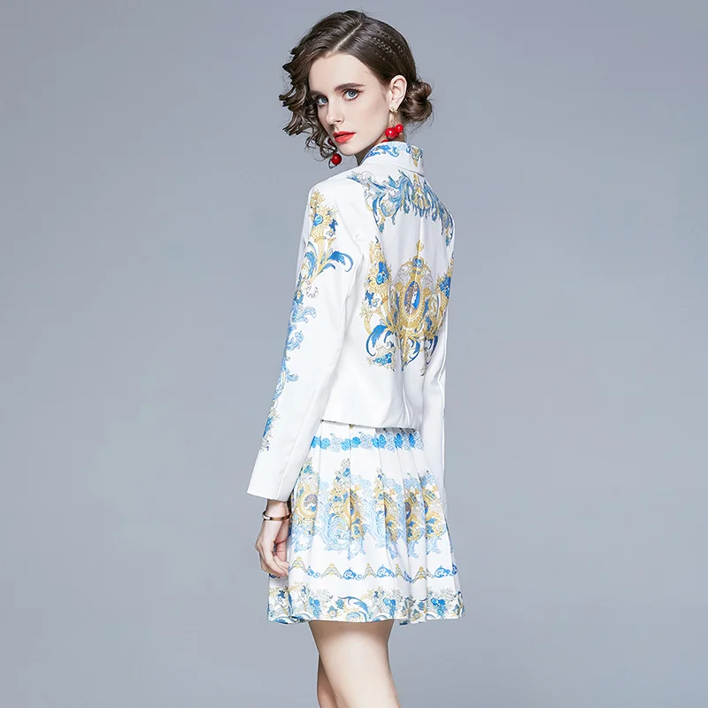

New Elegant Vintage Women Two Piece Set Print Long Sleeve Blazer + Pleated Skirts
