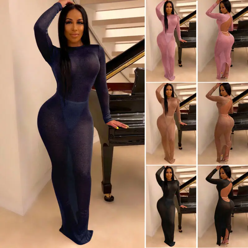 Женское вечернее платье с длинным рукавом летнее облегающее Сетчатое макси