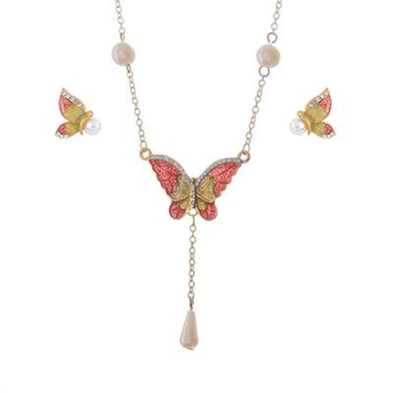 

Butterfly Earrings Necklace Set Fashion Butterfly Necklace Colorful Jewelry Set Imitation Pearl Butterfly Pendant Earrings Set