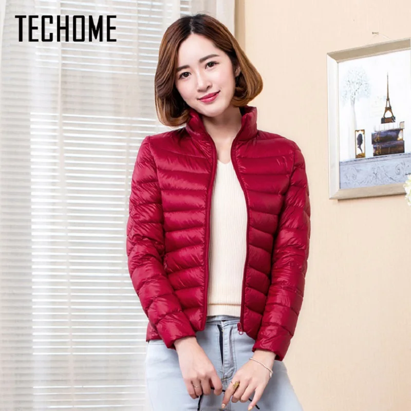 TECHOME Новое Женское пальто ультра легкий пуховик женские короткие воротник стойка