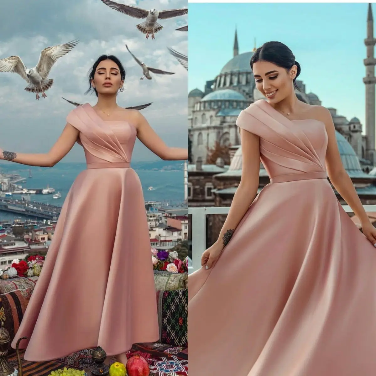 

Fashion Pink A Line Evening Dresses Pleats One Shoulder Party Gowns Red Carpet Prom Quinceanera Dress