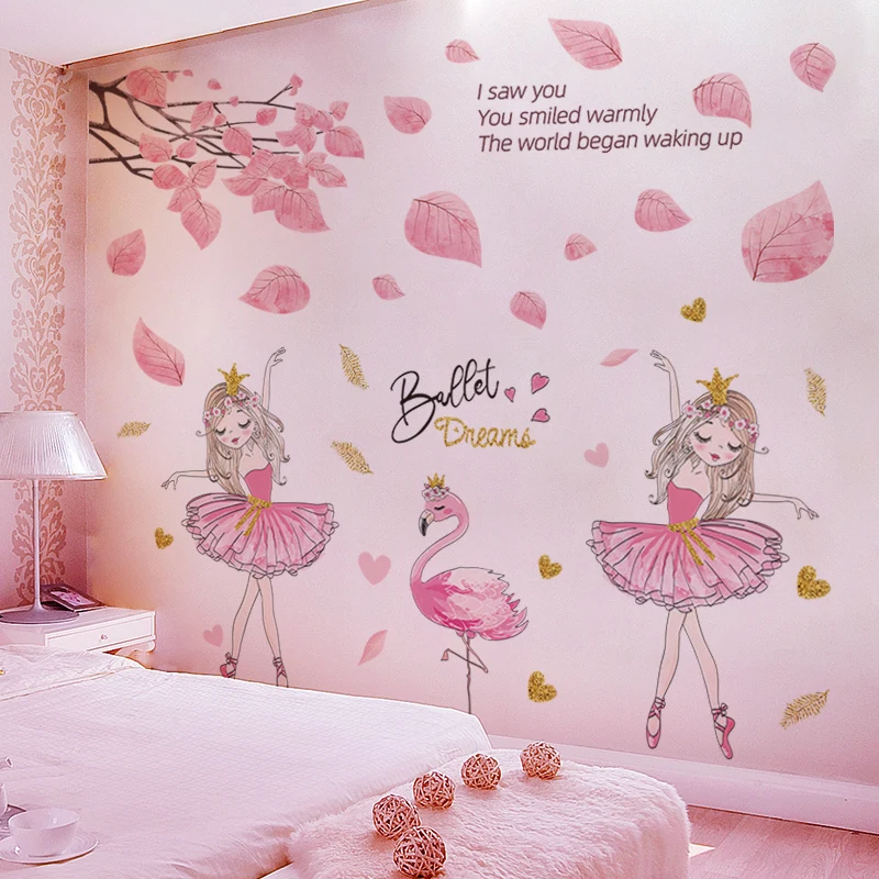 

[shijuekongjian] Pink Tree Leaves Wall Stickers DIY Girl Flamingo Wall Decals for Kids Bedroom Baby Room Home Decoration