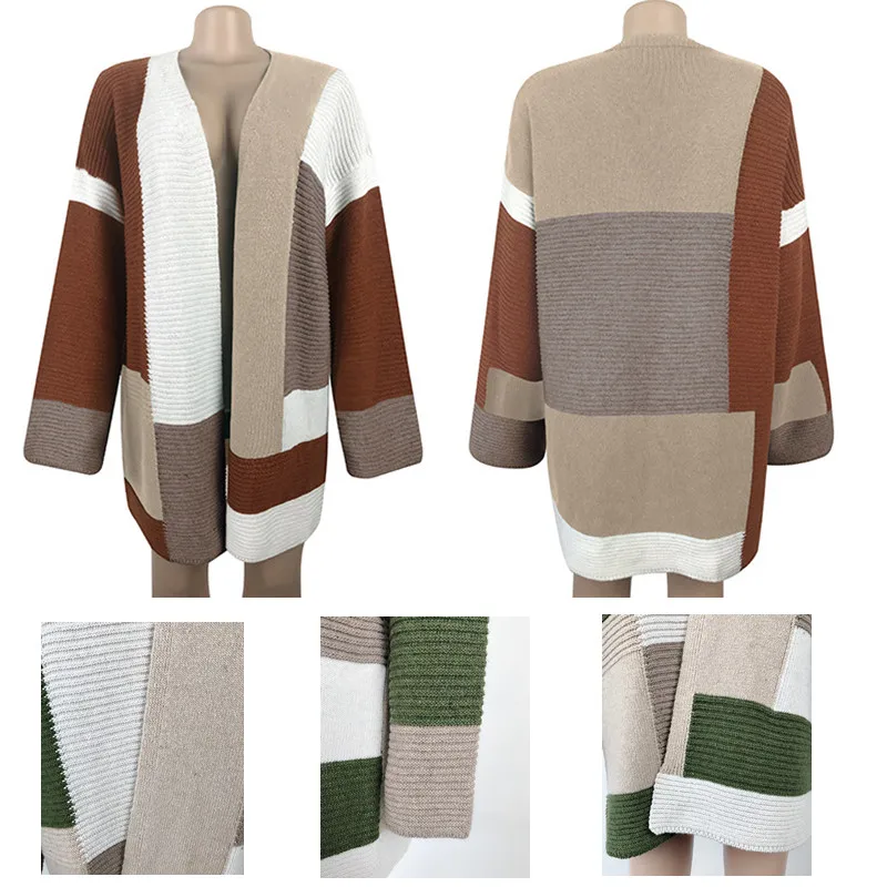 

Geometric Contrast Color Cardigan Winter Knitted Women Plus Size Sweater Ladies Long Sleeve Clothing