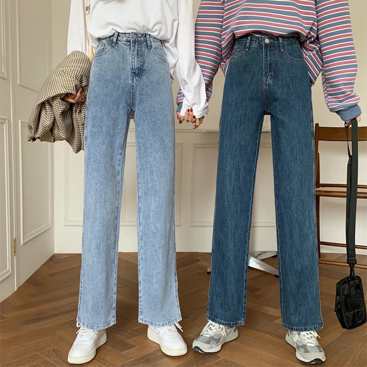 

Straight Wide Leg Denim Pant High Waist Slim Split Student Style Loose Summer Jeans Women Casual Baggy Jean Femme 2021