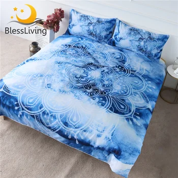 BlessLiving Mandala Bedding Set Boho Flower Duvet Cover Set Watercolor Bed Cover for Adults Gradient Blue Bedclothes Double 1