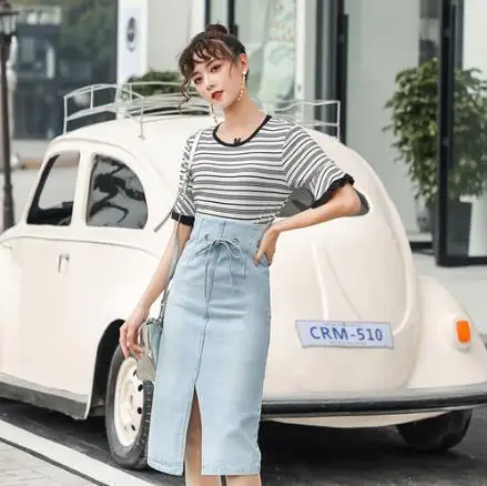 Женская джинсовая юбка летняя с высокой талией миди на завязках Повседневная