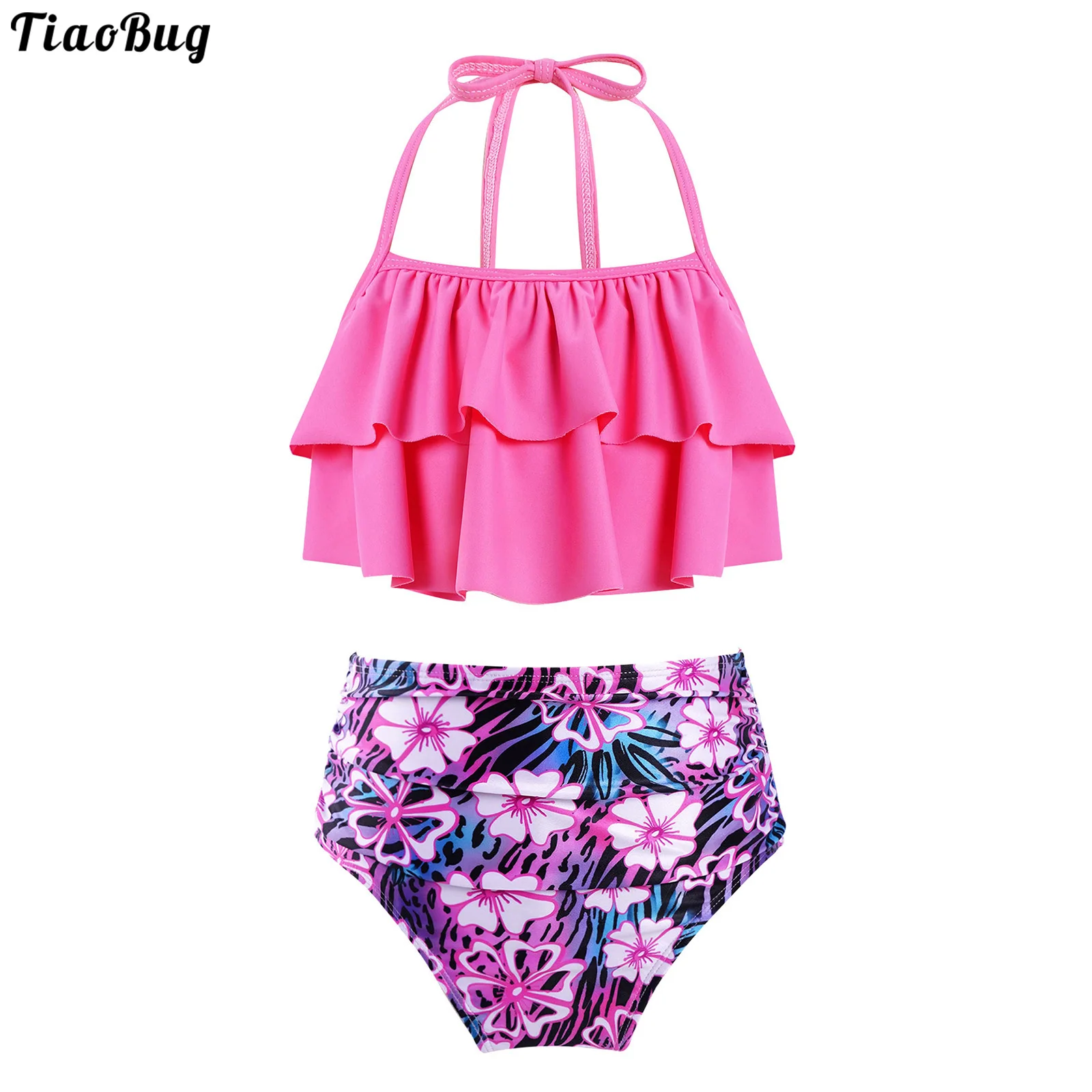 

TiaoBug Summer 2Pcs Kids Girls Tankini Adjustable Halter Swimwear Swimsuit Bathing Suit Ruffled Tops With Floral Printed Bottoms