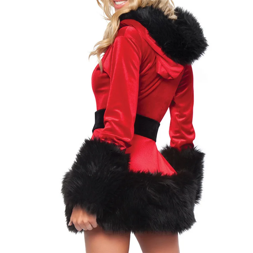 

Women Sexy Hooded Plush Lingerie Babydoll Lace Thong Long Sleeve Underwear Christmas Nightwear #1024 A#487