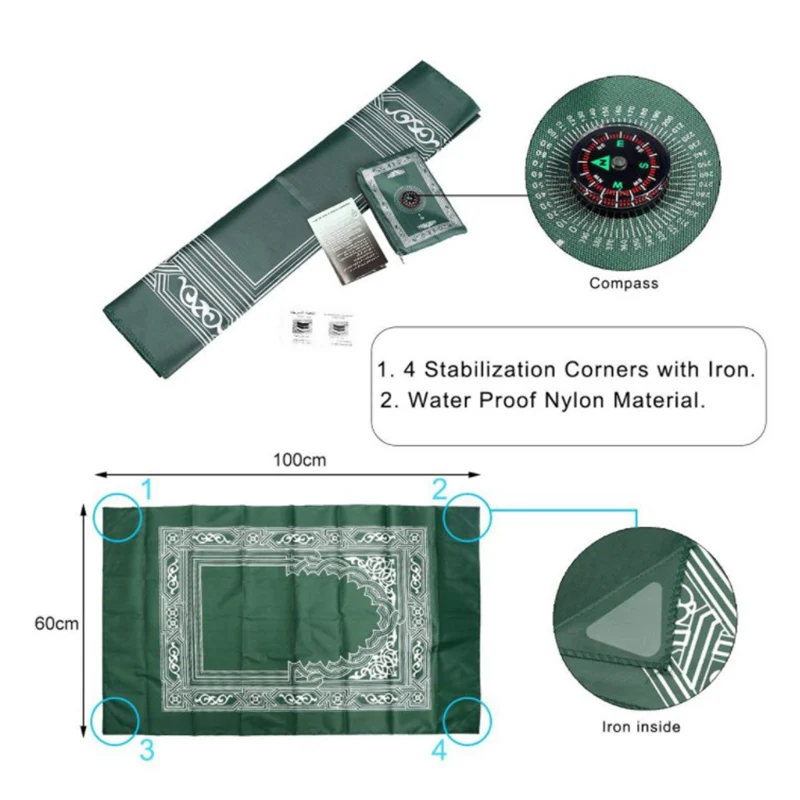

1pc Muslim Prayer Rug Polyester Portable Braided Mats Simply Print With Compass In Pouch Travel Home Mat Blanket 100*60cm