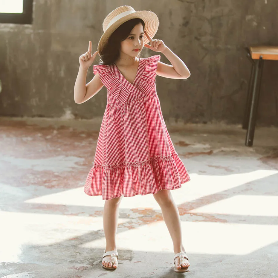 Dress For Girls Plaid Pattern Summer Dresses V -Neck Kids Sleelvess Clothes Girl 6 8 10 12 15 | Детская одежда и обувь