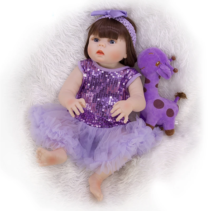 

22 "55 см Reborn Baby Dolls виниловая силиконовая кожа в блестящем фиолетовом платье Реалистичная живая игрушка для новорожденного малыша мальчик де...