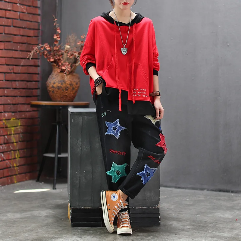 Джинсы женские свободные в стиле ретро повседневные брюки из денима с эластичным