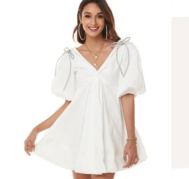 

Cultiseed Women Sexy Vintage Puff Sleeve Party Dress Female New Fashion V neck Diamonds Bow Dress Ladies Solid Color Dresses