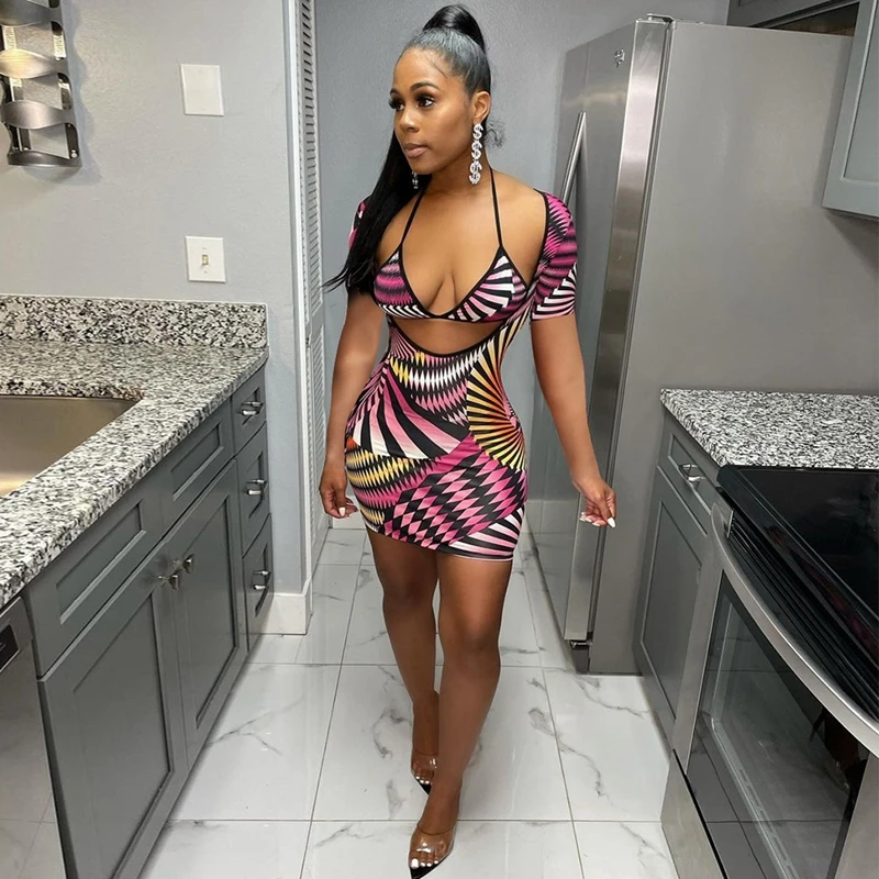 

Комплект из 2 предметов с принтом, укороченный топ с открытой спиной и коротким рукавом, облегающее мини-платье для женщин, летняя одежда для...