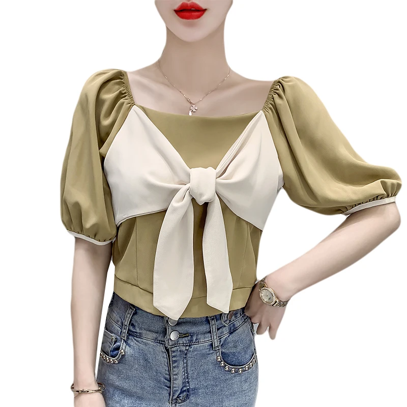 

Square Collar Bow Top Women's 2021 Summer New Elegant Slim Fit Short Sleeve T-shirt Sense of Design Shirt