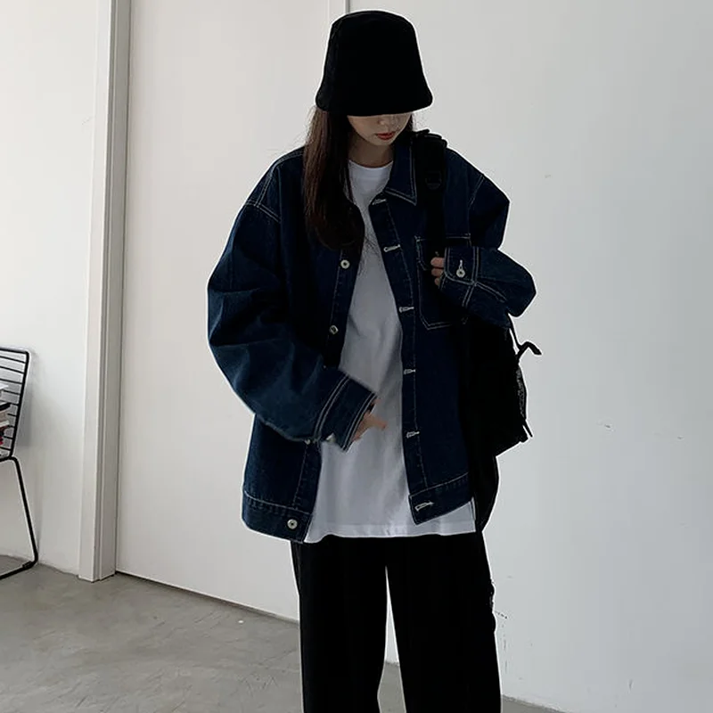 Джинсовые базовые куртки для женщин темно-синие Простые Модные студенческие