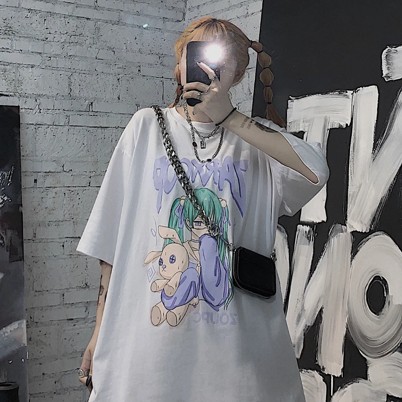 

Summer Tide Dark Black Two-dimensional Hand-painted Girl's T-shirt Cute Cartoon Print Short Sleeve Men and Women Tops