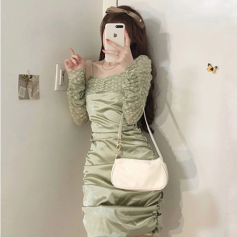 

Kimotimo Women Dress 2021 Summer Korean Strapless Pile Up Sleeves Lace Patchwork Satin Solid Stitching Slim A-Line Mini Dress