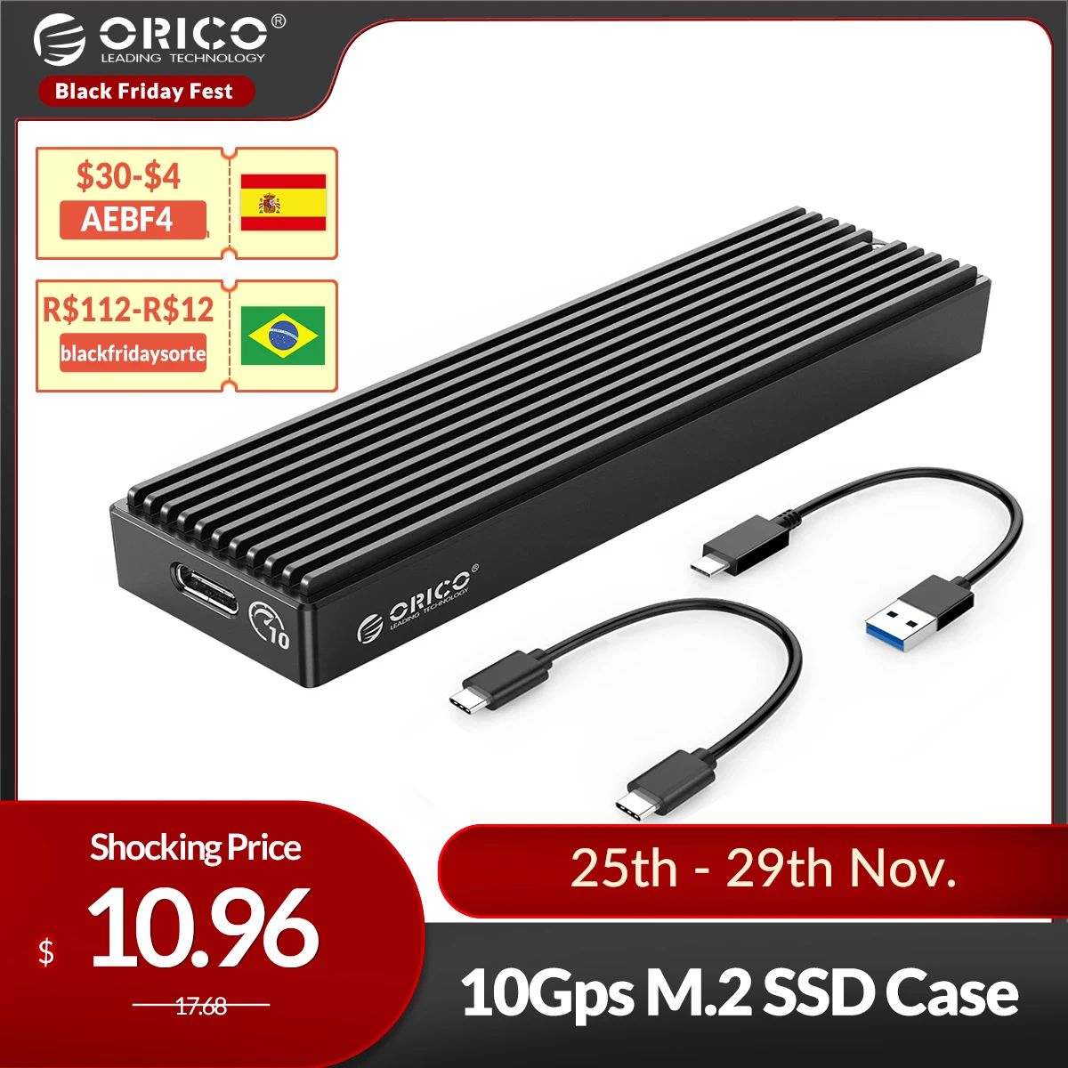 Корпус ORICO LSDT M.2 NVME, корпус USB C Gen2 10 Гбит/с, PCIe SSD, чехол M2 SATA NGFF 5 Гбит/с, чехол для SSD 2230/2242/2260/2280 - изображение