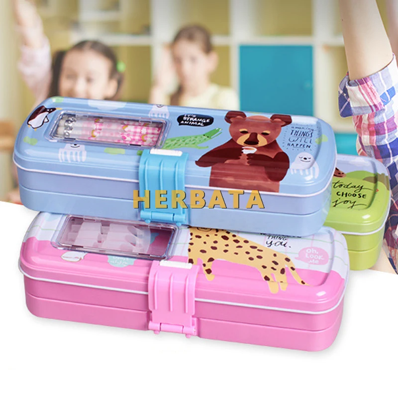 Пенал с мультяшным медведем и застежкой трехслойная жестяная коробка большой