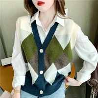 sleeveless vintage lattice vest sweater 2021 autumn winter new knitted vest cardigan vest diamond check vest women tops 616i