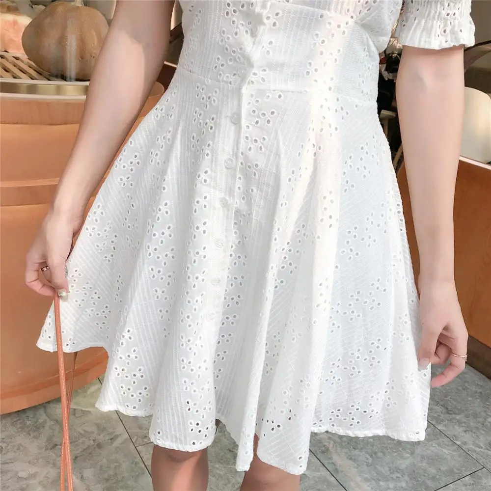 Женское ажурное платье с вышивкой Элегантное повседневное белое V образным