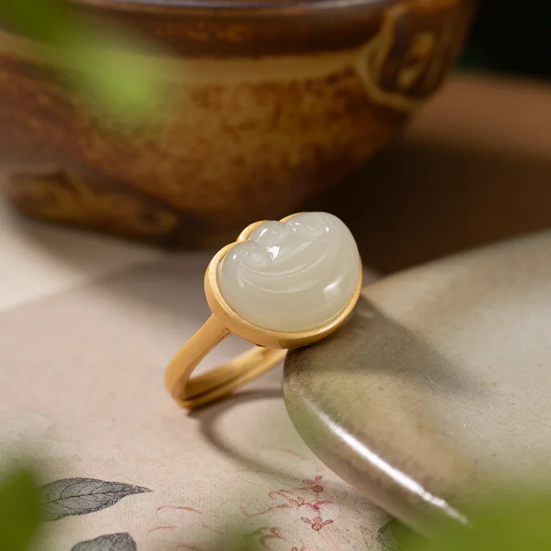 

Designer Original New Natural Hetian Jade Opening Adjustable Ring Personality Trend Fashion Ladies Women Fine Jewelry K0021