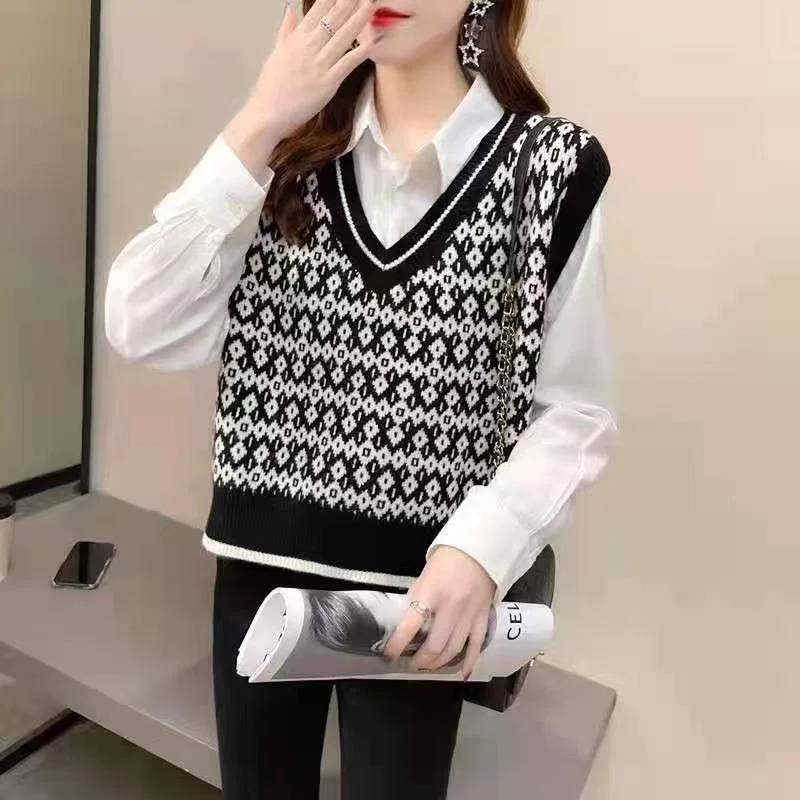 

V Neck Diamond Knitted Vest Women 2021 Korean Cashmere Loose Casual Sleeveless Vintage Sweater Female Autumn Pullovers