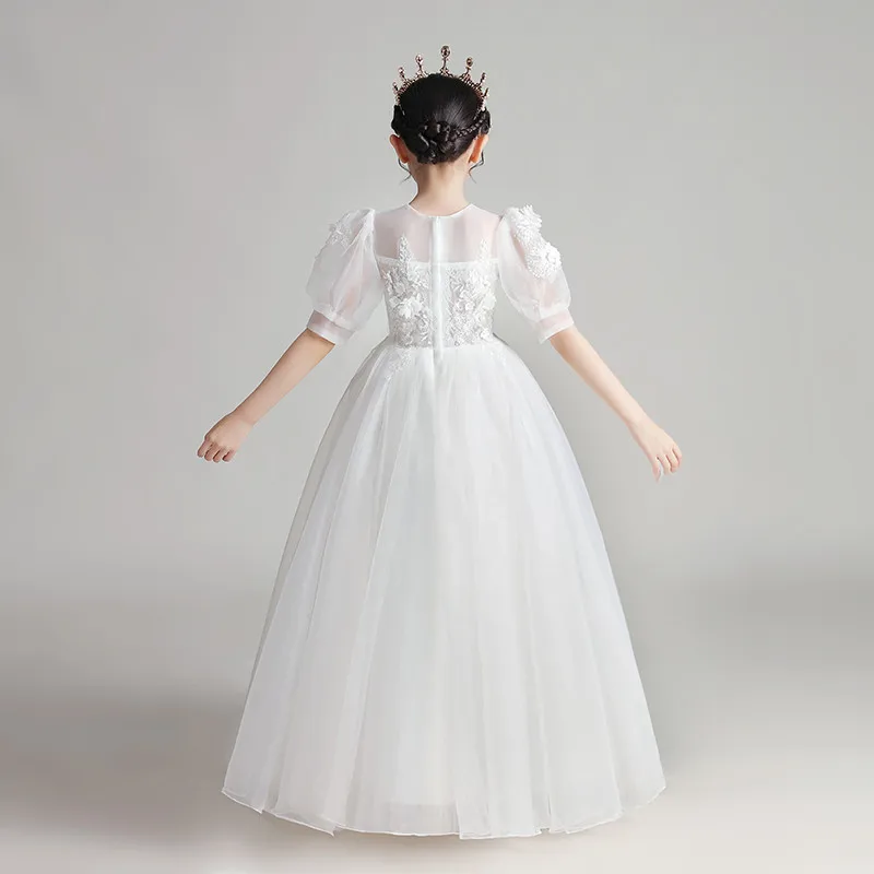 

Children girls White Color Luxury Elegant Piano Costumes Host Princess Fluffy Dress Kids Teens Birthday Evening Party Prom Dress