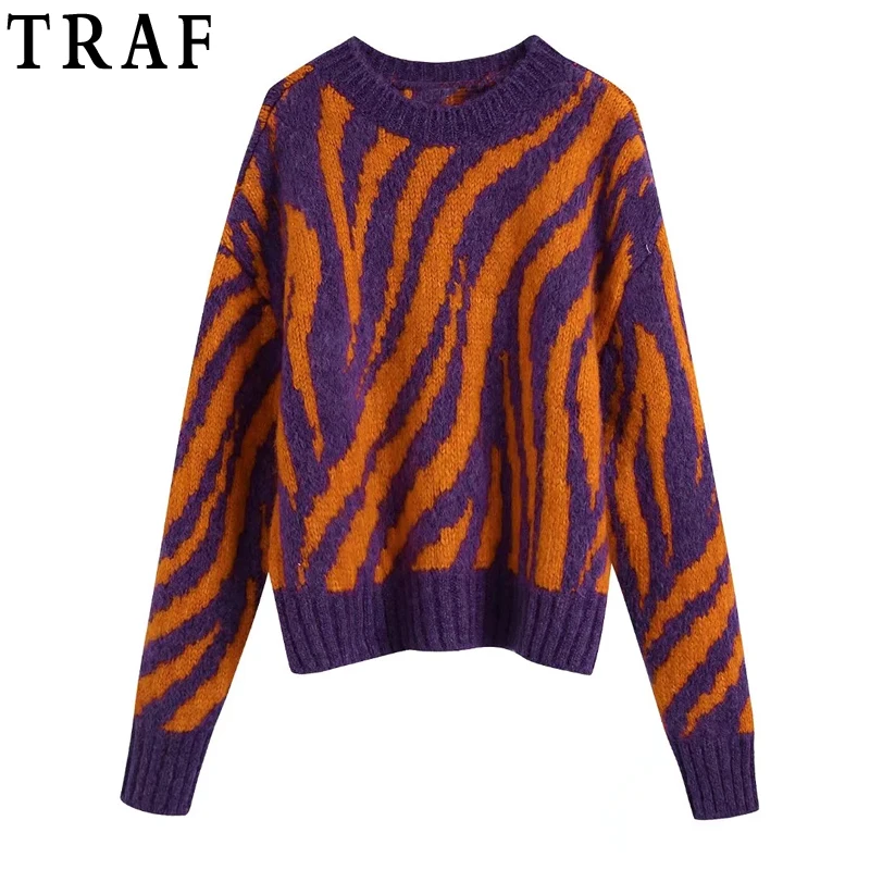 

Пуловер TRAF Za 2021, вязаный свитер, Женский винтажный жаккардовый зимний женский укороченный свитер с длинным рукавом, вязаный Топ