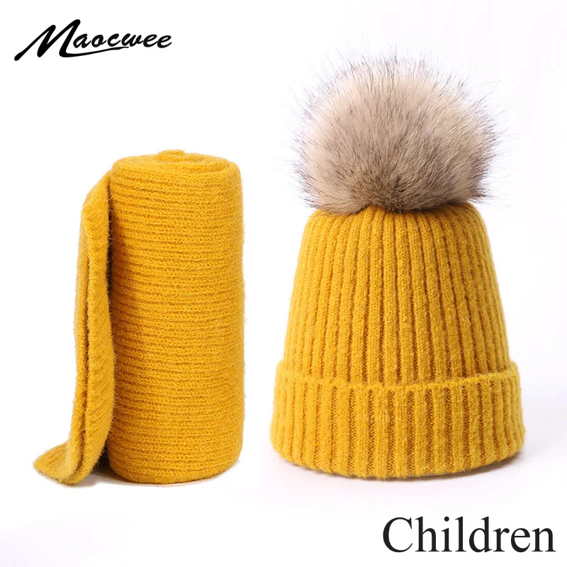 Детский зимний комплект из шапки и шарфа искусственного меха вязаный теплый