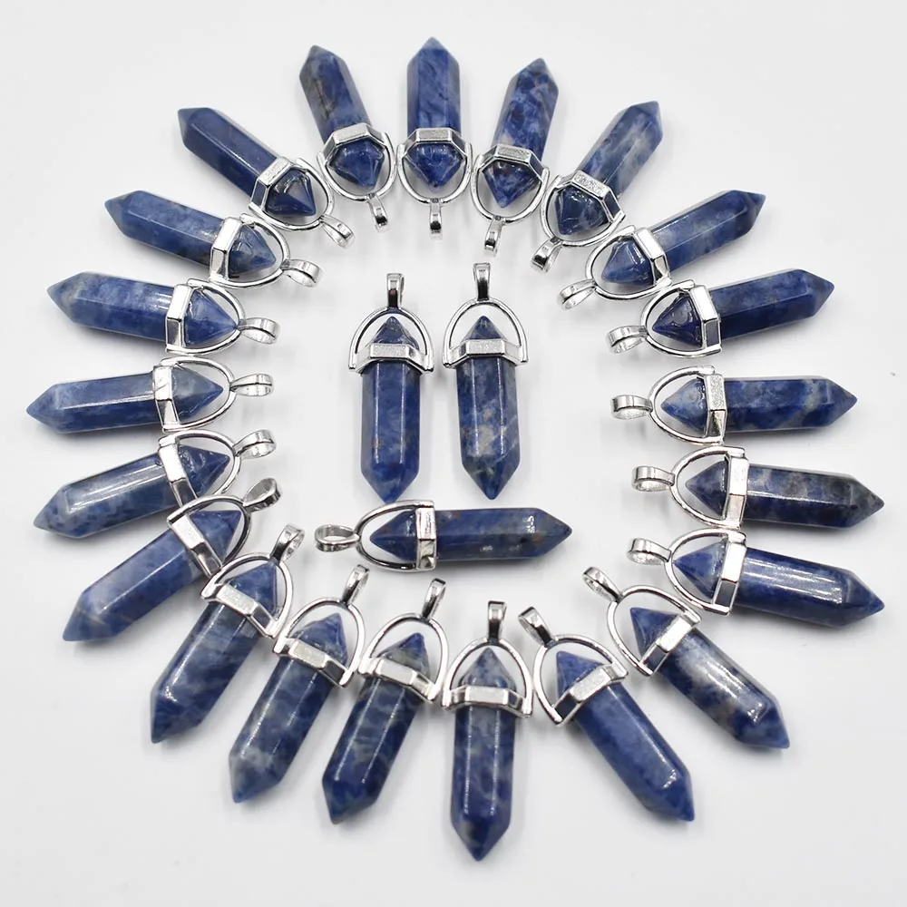 Fashion Good quality Natural Stone Blue pillar shape charms point Chakra pendants for jewelry making 24pcs/lot Wholesale free