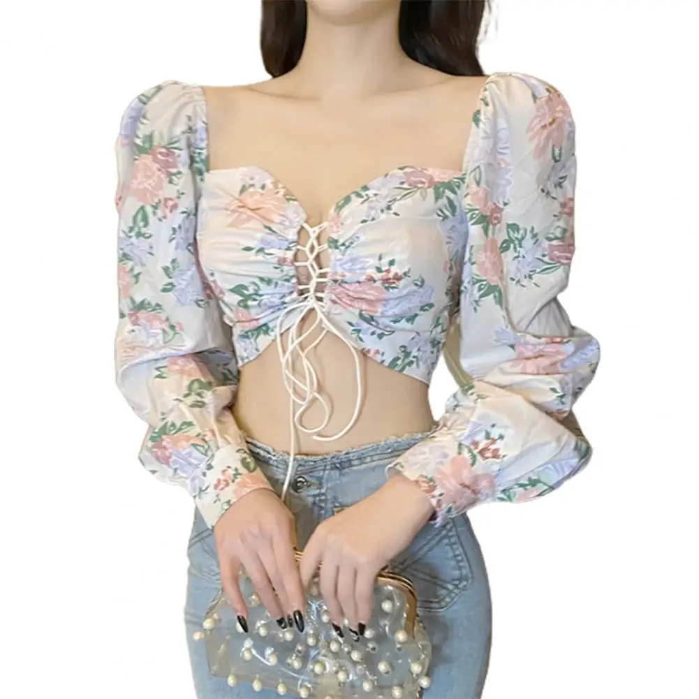 

Women Crop Tops Elegant Casual Blouse Floral Print Sweat Absorbent Stretchy Summer Casual Tunic Blouse for Party