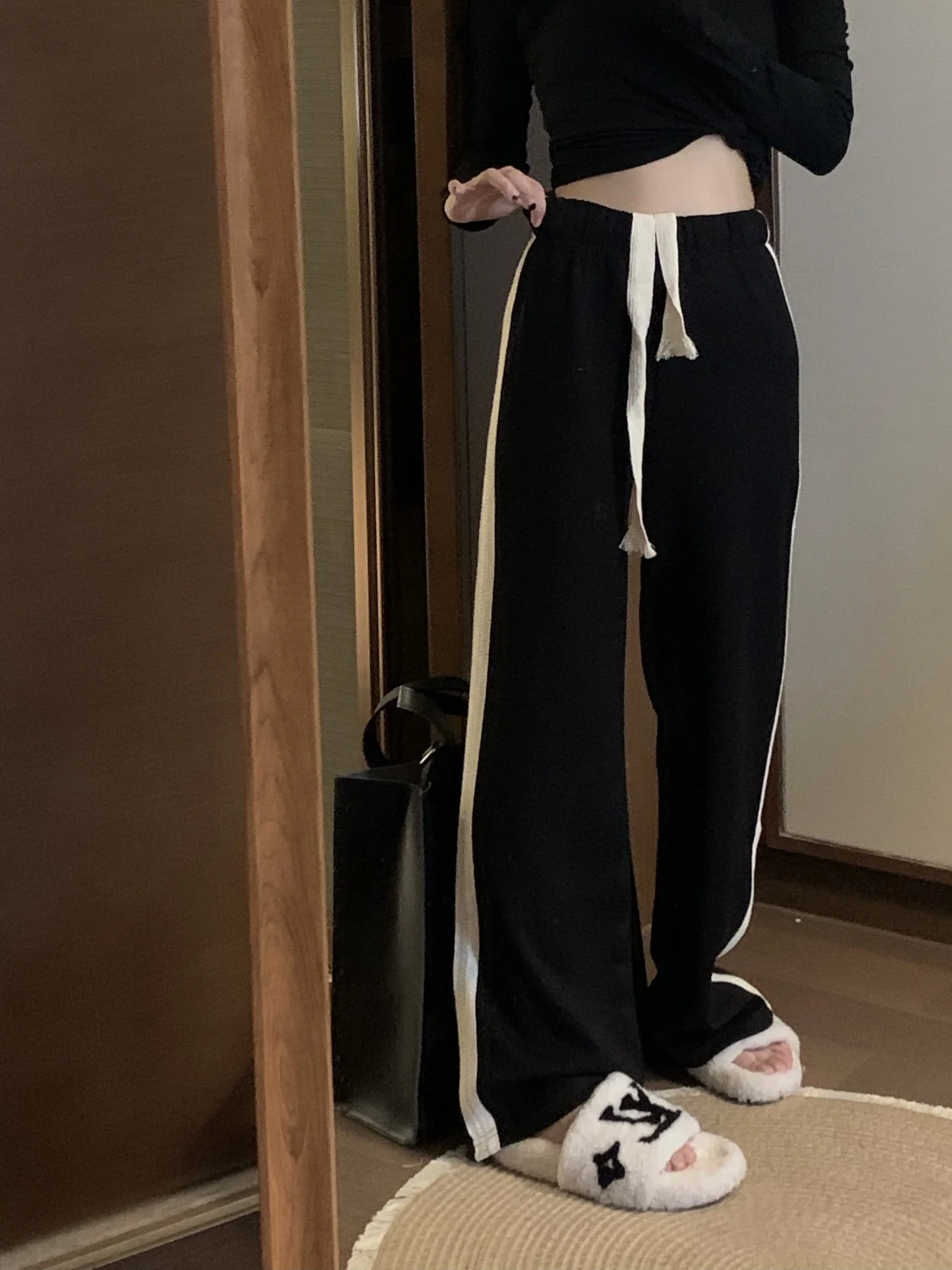 

Striped Wide Leg Pants Women's Versatile Casual Sports Pants Autumn High Waist Drawstring Pants Loose Floor Mops