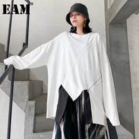 eam women white irregular hem oversized casual t shirt new round neck long sleeve fashion tide spring autumn 2022 1de1071