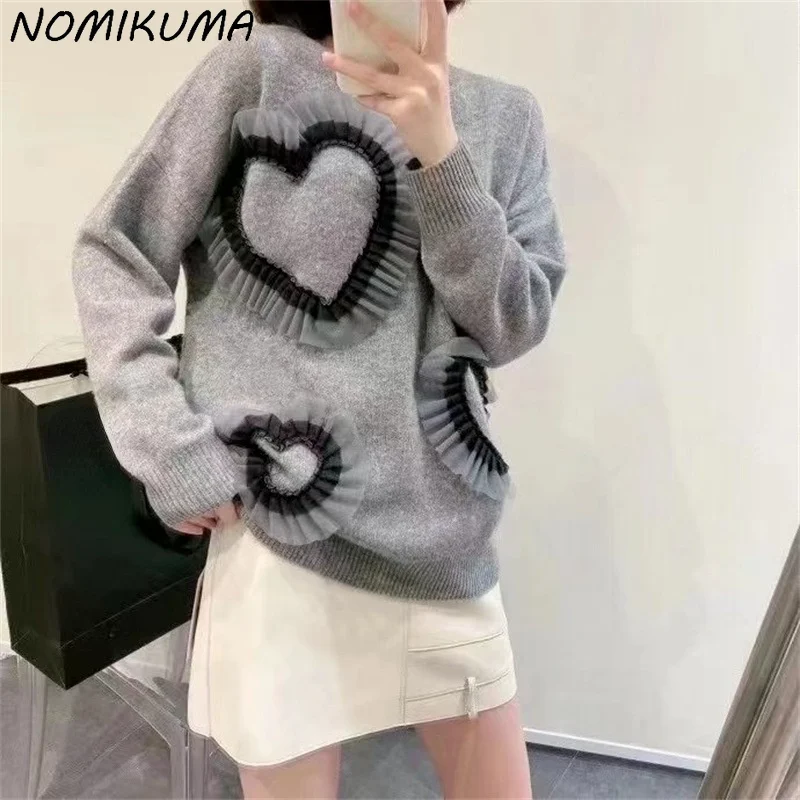 Nomikuma Pull Femme корейский сетчатый лоскутный вязаный свитер с оборками Love Heart