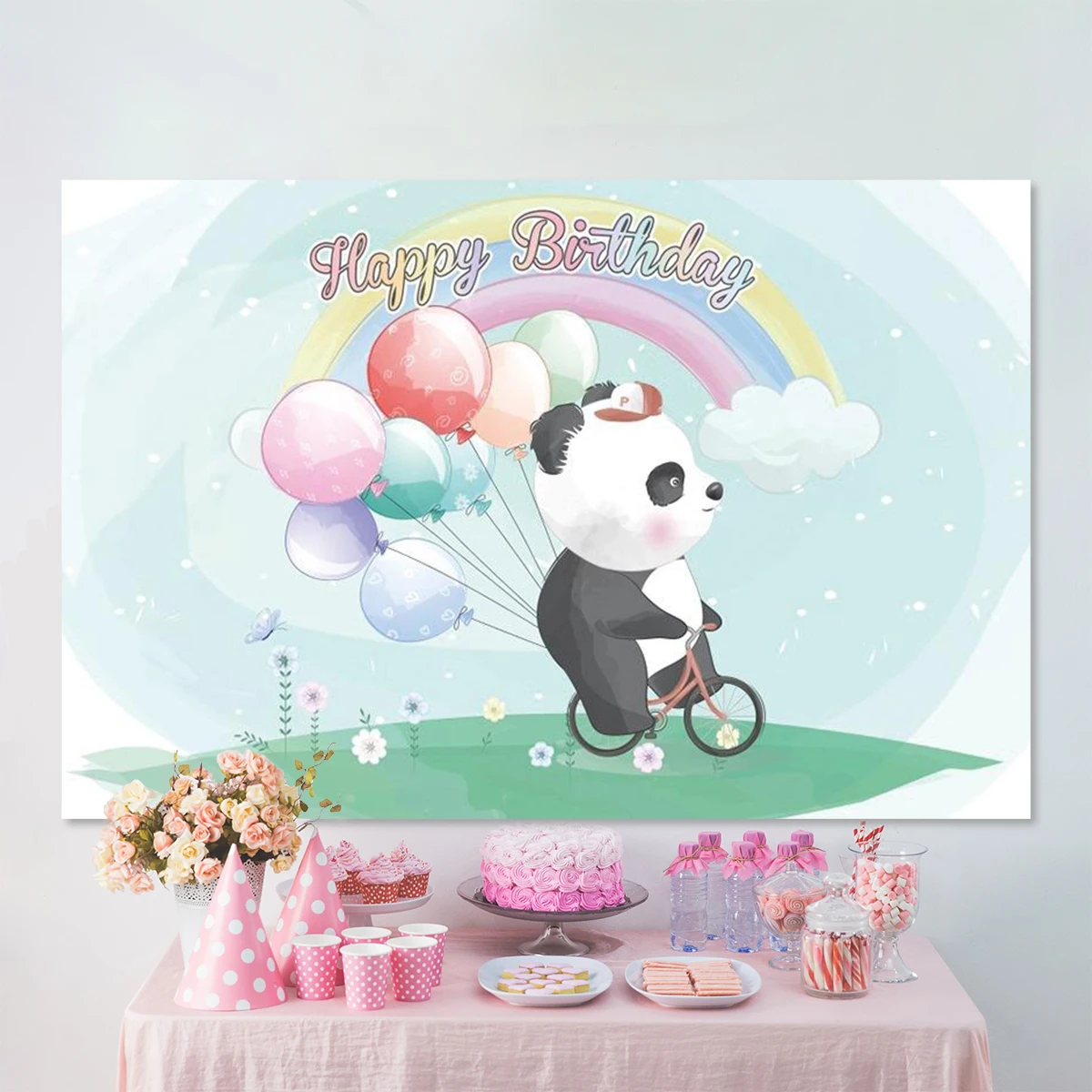 

Фон для фотографирования новорожденных с изображением панды езды на велосипеде