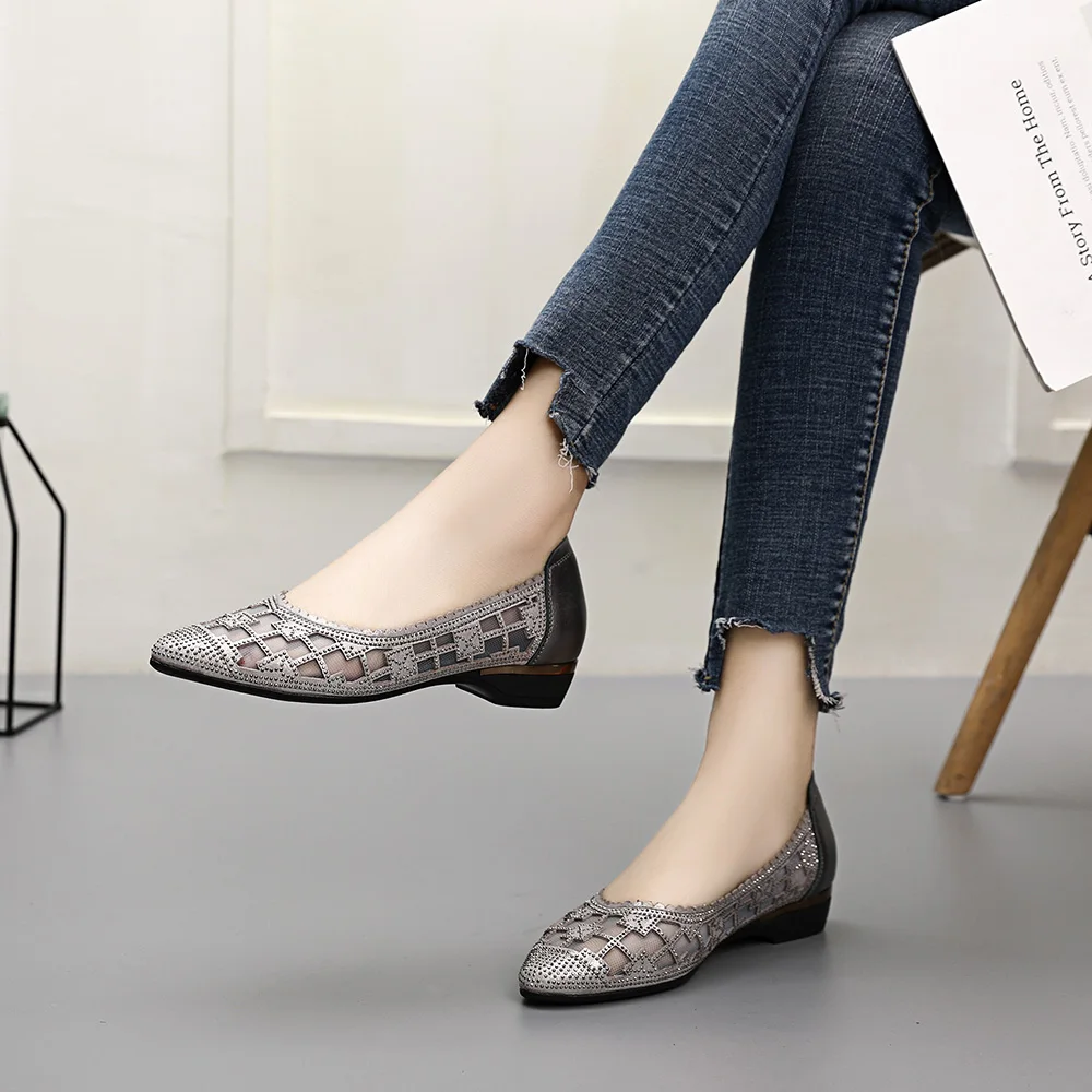 

summer new mesh single shoes female pointed shallow mouth leather flat bottom low heel rhinestone fashion comfortable