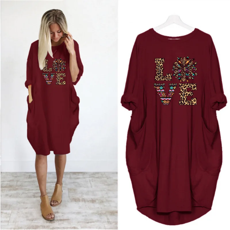 

Love Letter Print Dress Casual Loose Women Plus Size Dresses Long Sleeve Vintage Boho Leopard Print Pocket Fall Midi Dress
