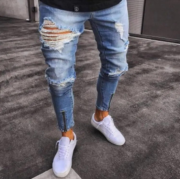 

Long Pencil Pant Ripped Slim Blue Denim Spring Hole 2021 Fashion Thin Skinny Streetwear Jean for Men Hiphop Trousers Clothes