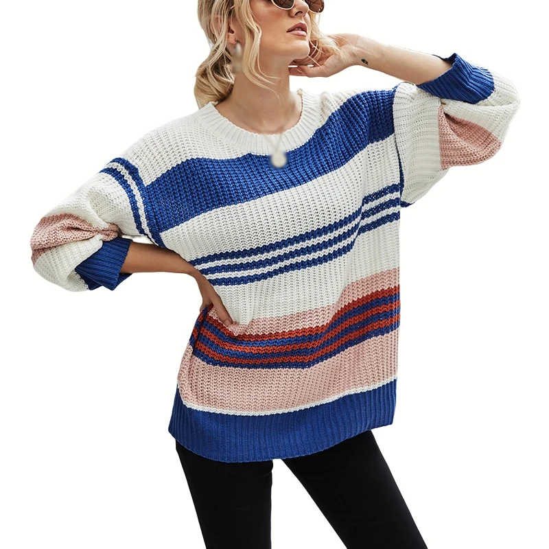 

Women Pullover Knitted Sweater Long Sleeve Crew Neck Striped Color Block Sweater Comfy Loose Oversized Crochet Sweater