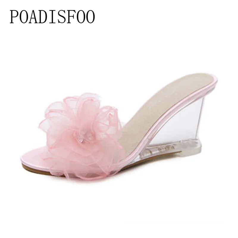 Женские леопардовые шлепанцы на танкетке с черным цветком прозрачные босоножки